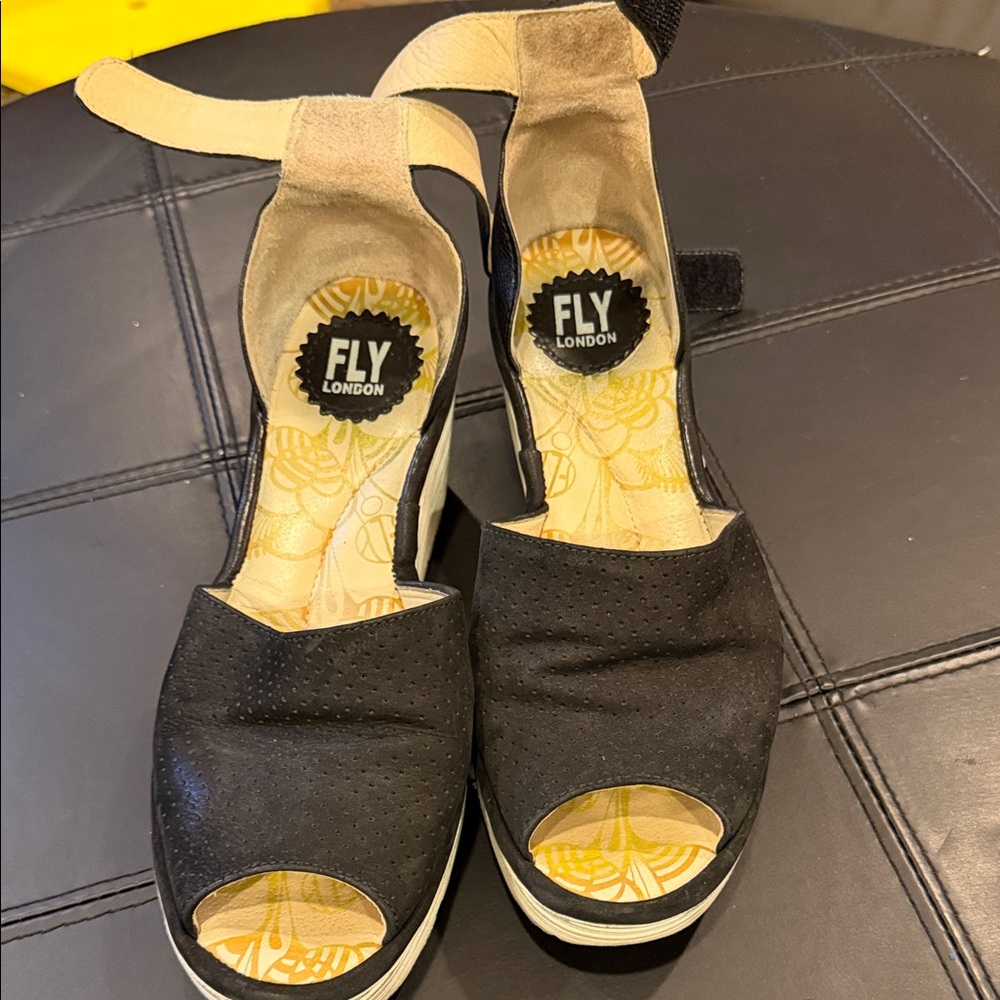 Fly London Black Peep-Toe Wedges